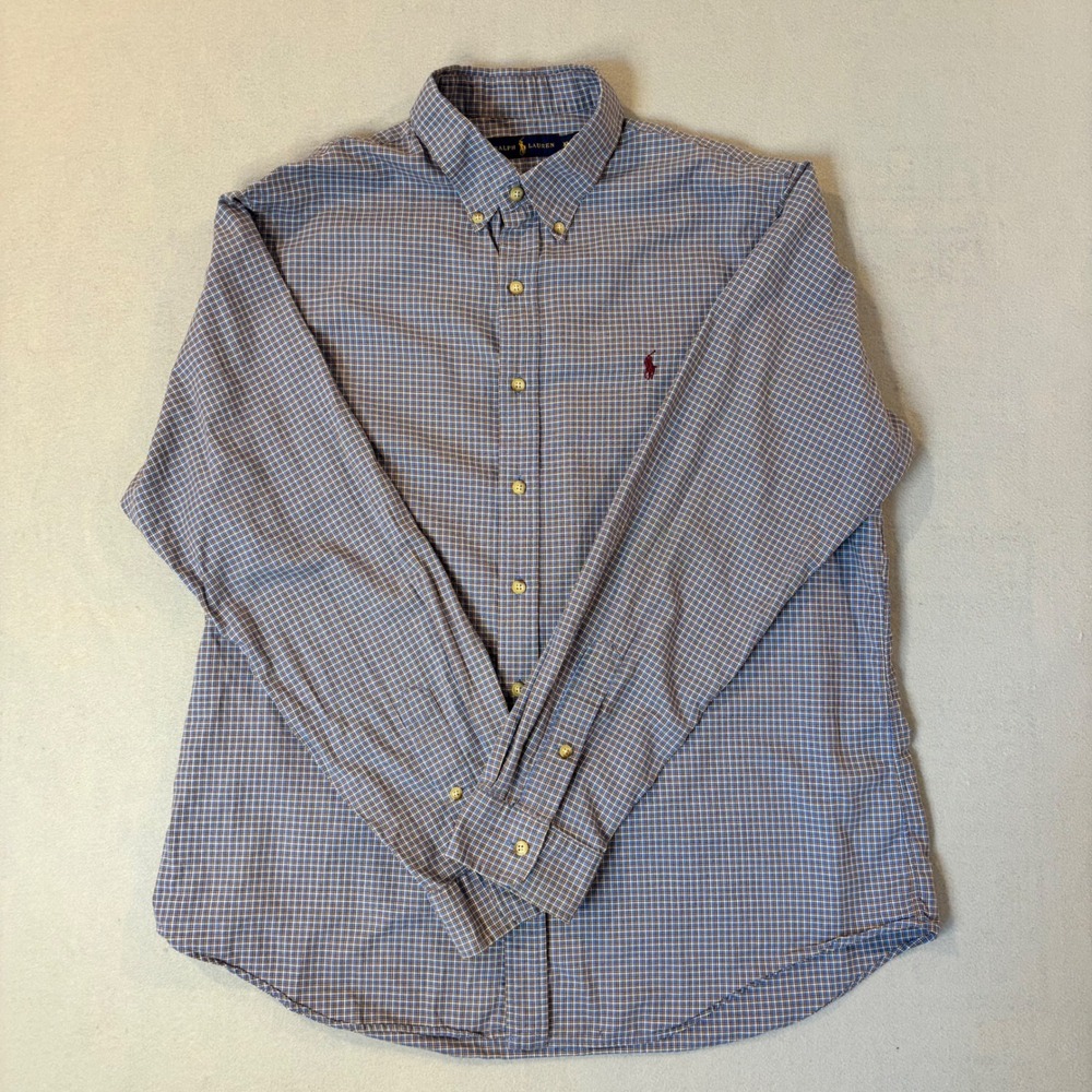 Ralph Lauren Mens XL Blue Brown Check Button Down Long Sleeve Pony Logo Shirt